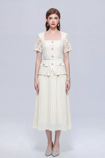Graceful Square Neck Lace Pleated Button Midi Dress
