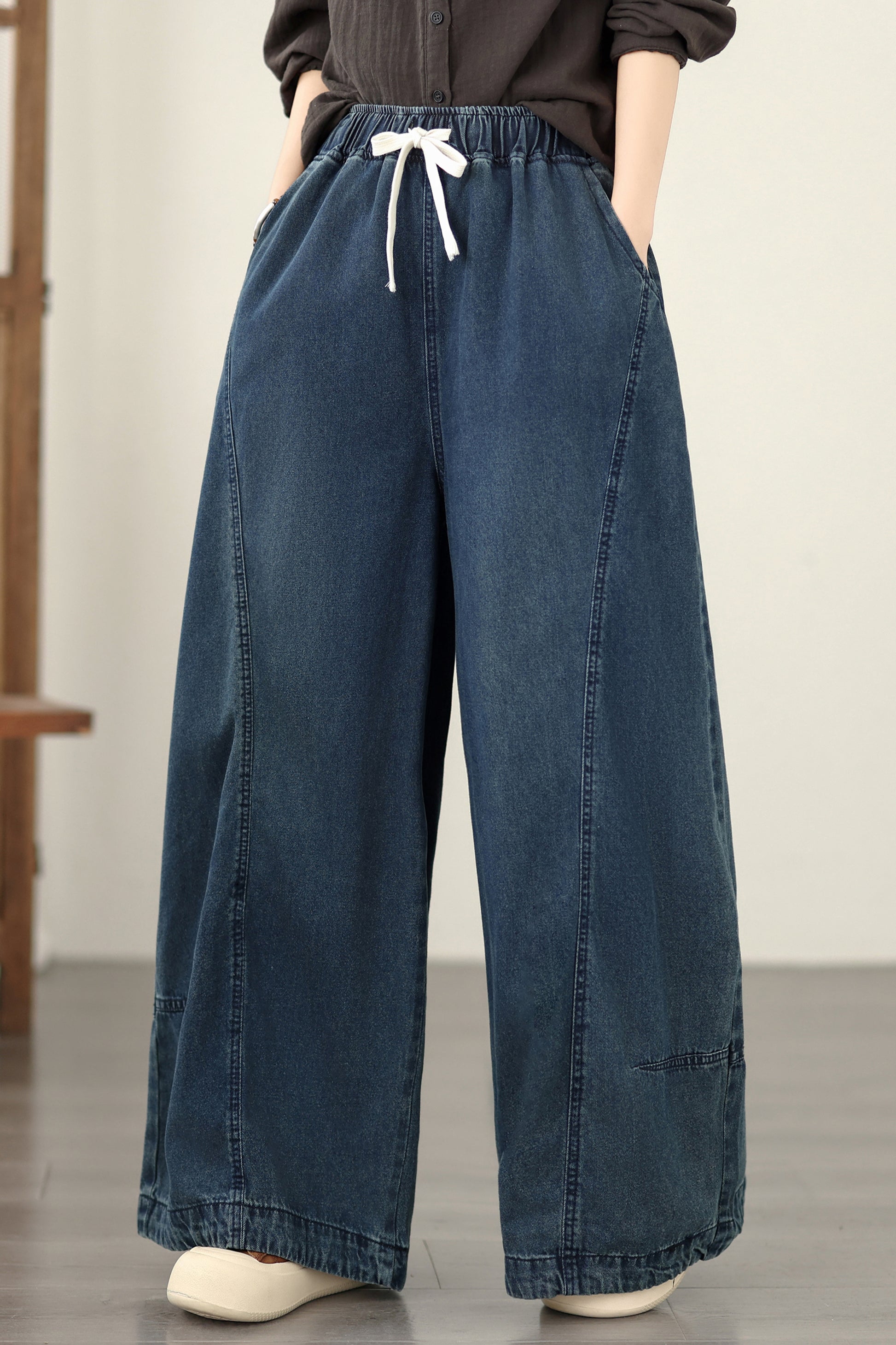 Jeans for Women Wide Leg Pull On Elastic Waist Denim - LAI MENG FIVE CATS