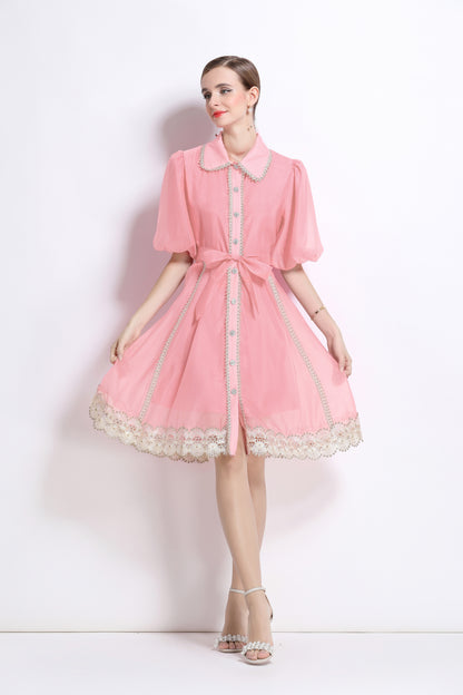 Pink Button Up Lace Trim Mini Dress