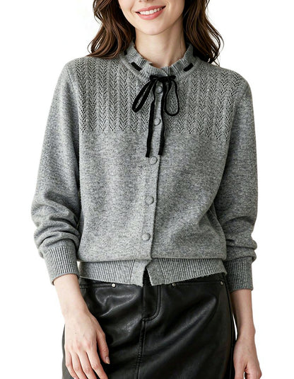 Ribbon Tie Knit Cardigan Long Sleeve Elegant Sweater Tops
