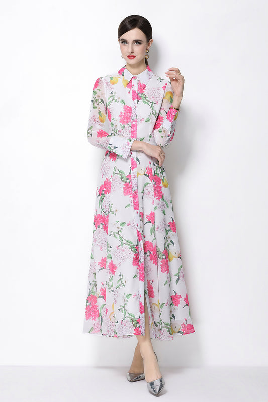 Women's Floral Print Button Up Split Maxi Dress