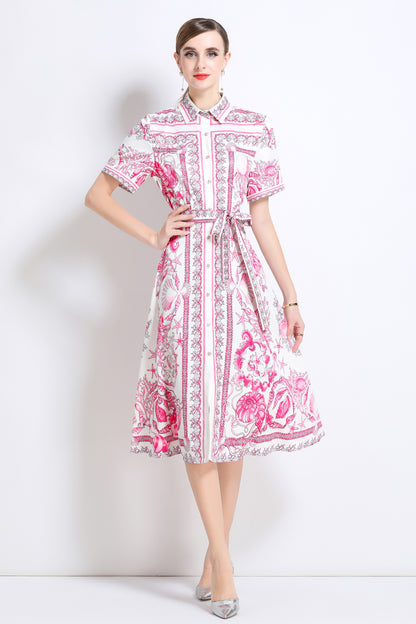 Women's Short Sleeve Button Floral Print  Midi Dress