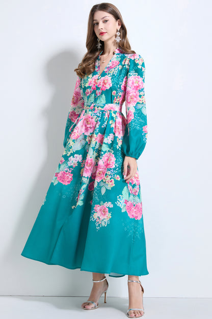 Women's Floral Print V-Neck Button up Slit Maxi Dress