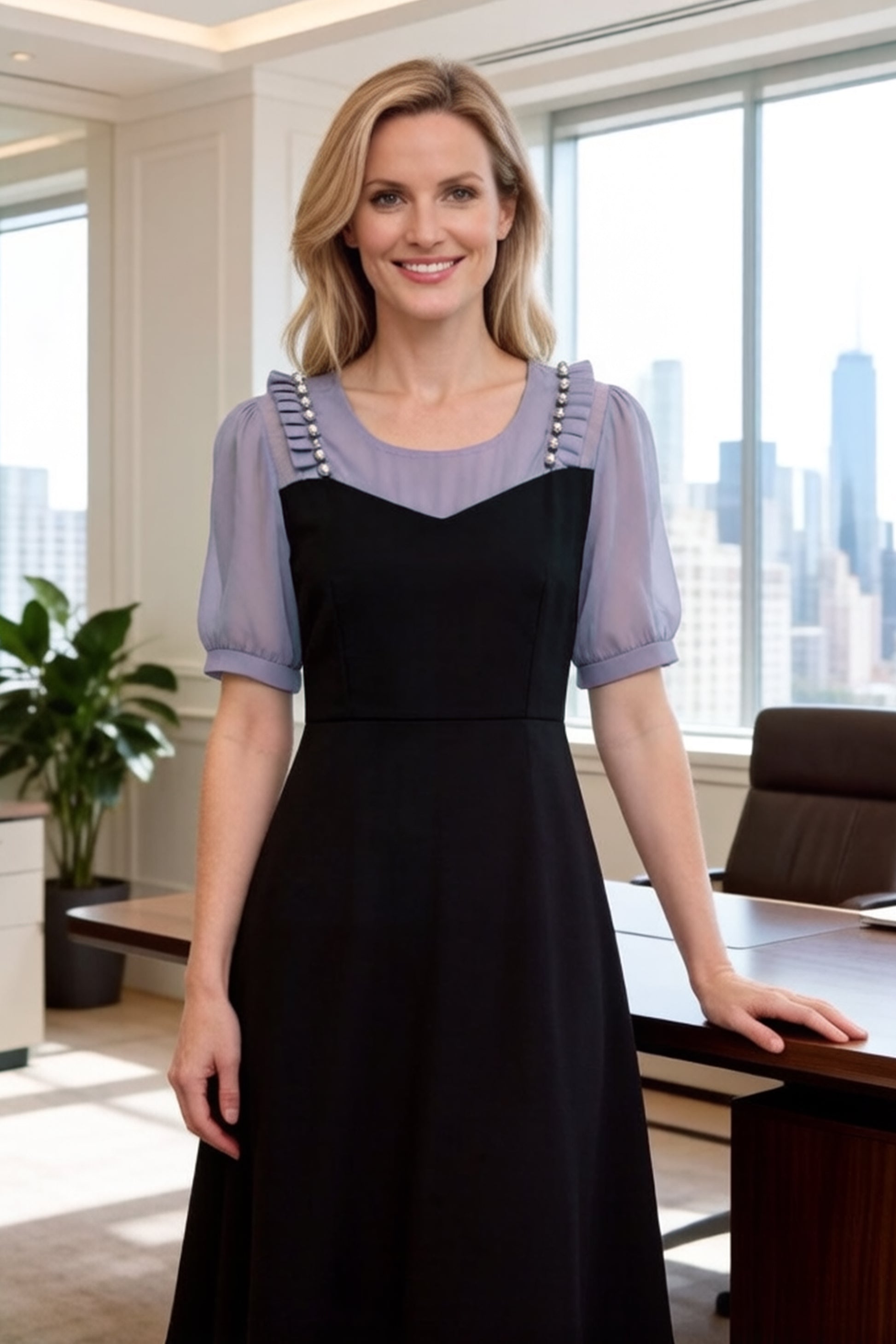 Women's Short Sleeve Pocket A-line Stretch Midi Dress - LAI MENG FIVE CATS