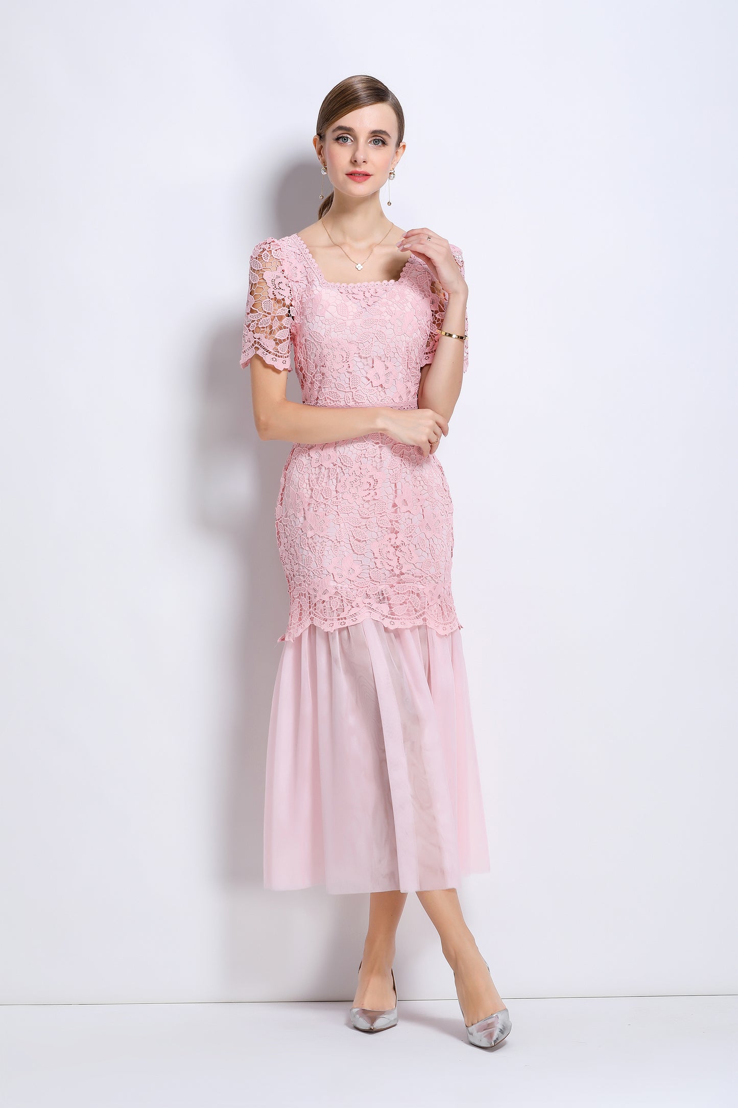 Elegant Feminine Pink Square Collar Lace&Mesh Midi Dress