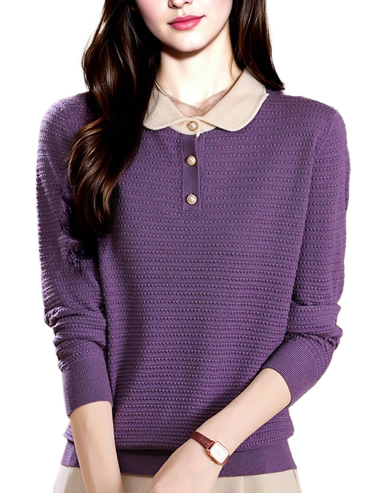 Long-Sleeve Knit Top — Polo Sweater Contrast Collar & Pearl Buttons