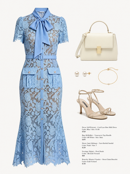 Powder Blue Lace Bow Midi Dress