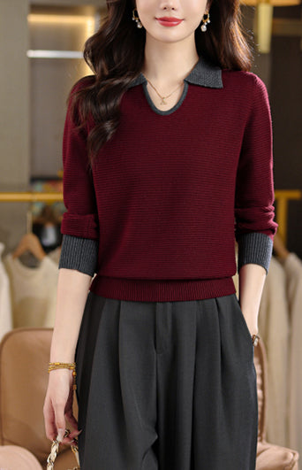 Chic Contrast Collar Ribbed Knit Top – Women's Polo V-Neck Sweater - LAI MENG FIVE CATS
