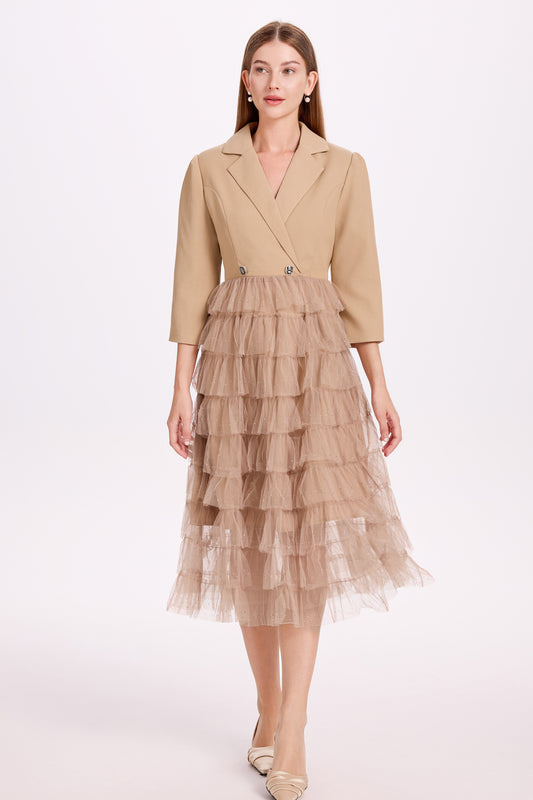 Women's Blazer Dresses Tulle Ruffle Mesh Midi Dress