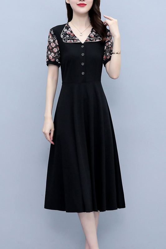 26-Women's Peter Pan Collar Short Sleeve Midi Dress