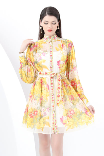 Women's Floral Print Lantern Sleeve Ruffle Mini Dress