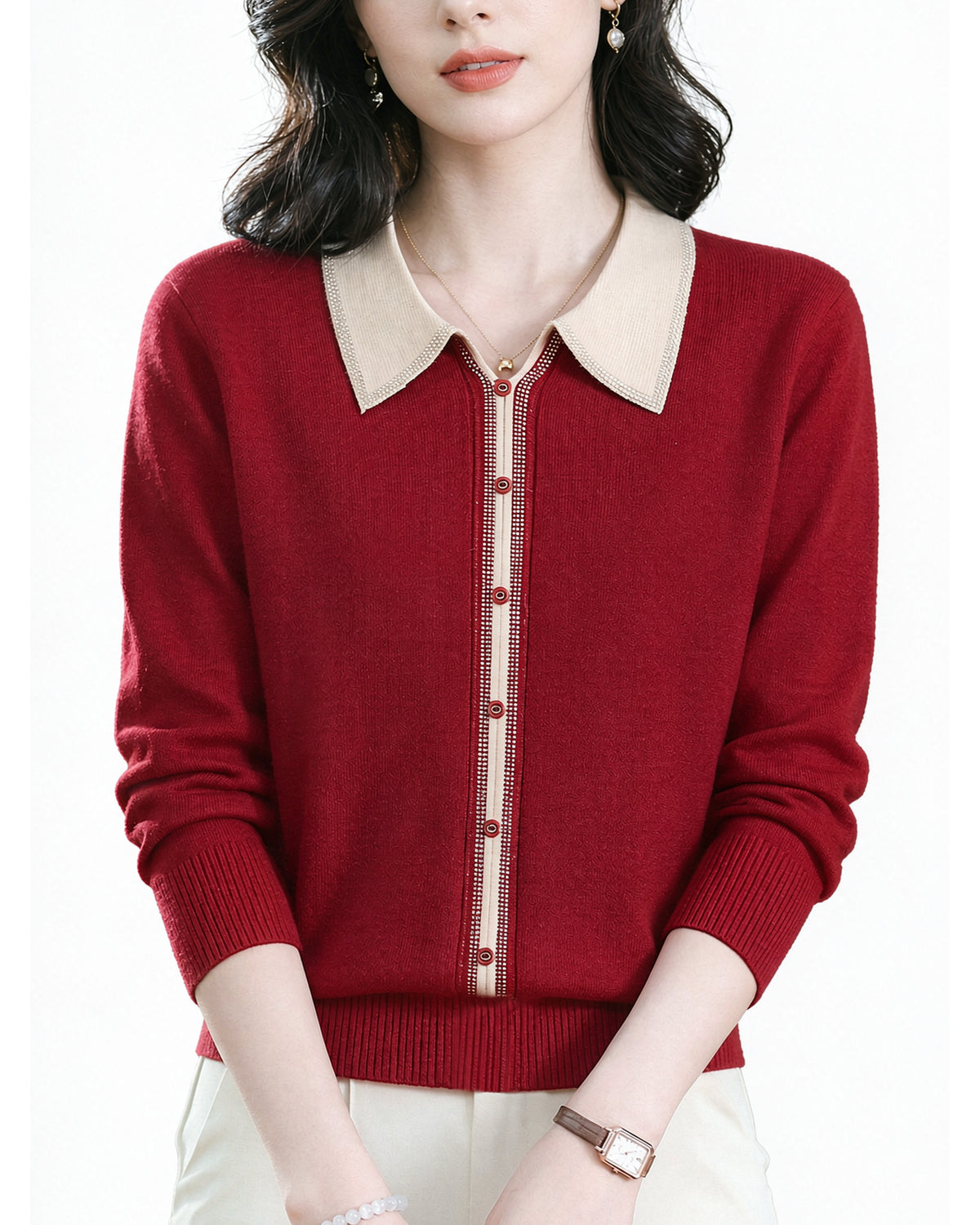 Chic Contrast Collar Knit Sweater Long Sleeve Pullover Top
