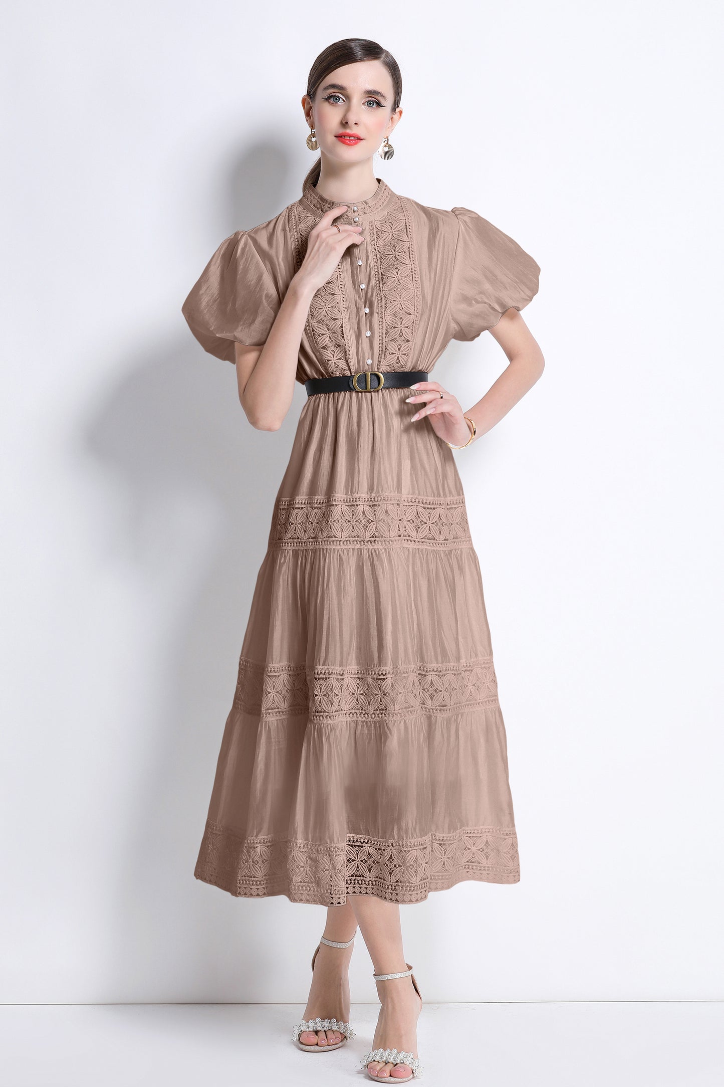 Women's Puff Sleeve Button Lace Midi Dress