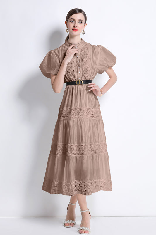 Women's Puff Sleeve Button Lace Midi Dress