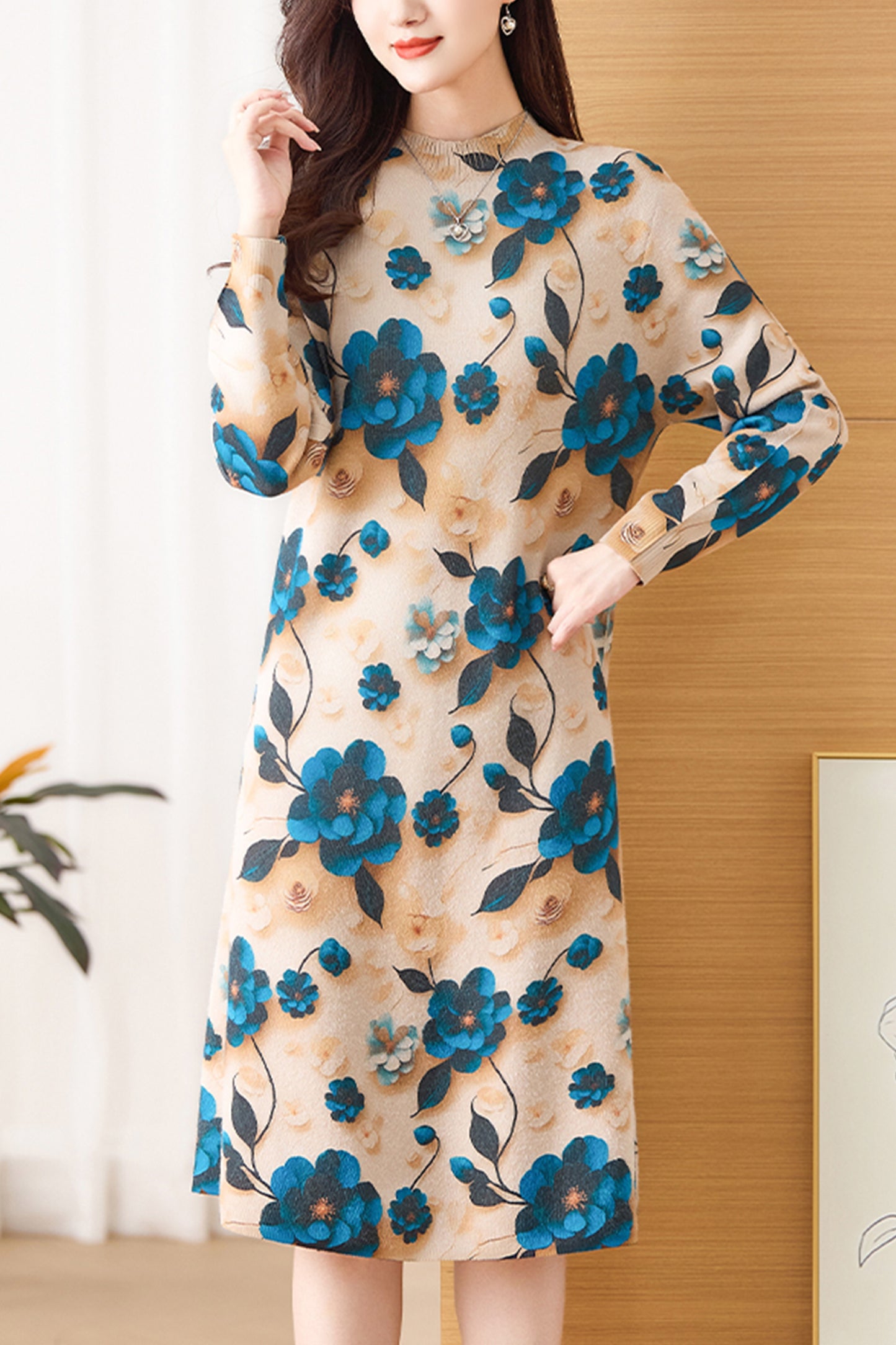 Women's Fall Long Sleeve Knitted Sweater Midi Dress