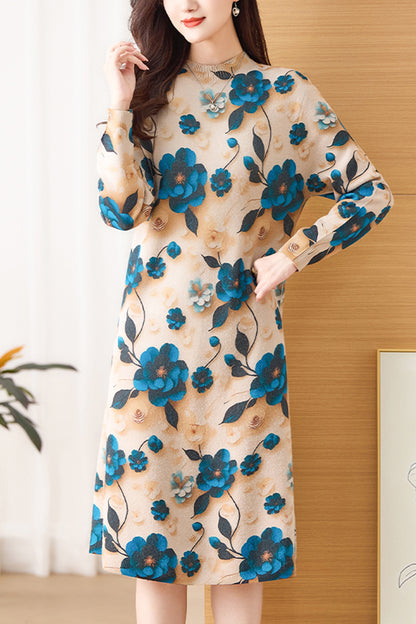 Women's Fall Long Sleeve Knitted Sweater Midi Dress