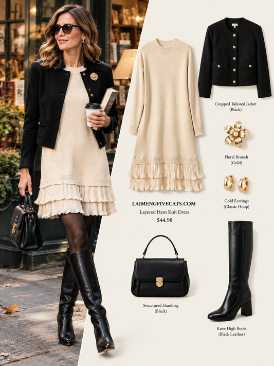 28706 Layered Ruffle Hem Knit Dress – Cream & Black