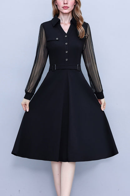 Women's V-Neck Long Sleeve with Pockets Black Dress