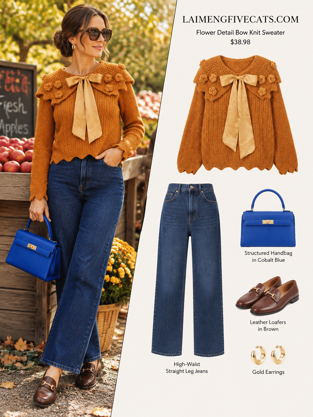 28725 Floral Bow Knit Sweater in Orange & Apricot