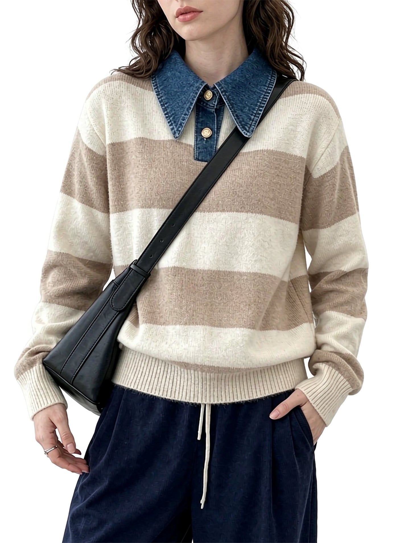 Striped Casual Knit Sweater with Denim Collar