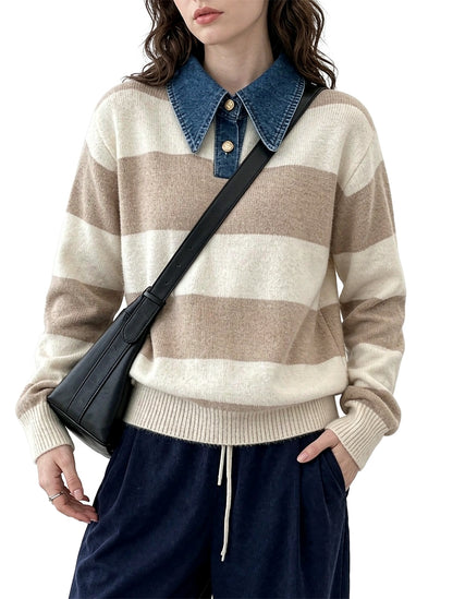 Striped Casual Knit Sweater with Denim Collar