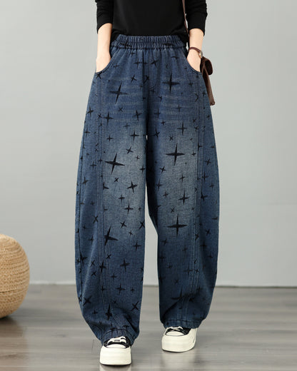 28676-Vintage Star Print Denim Wide Leg Pants with Drawstring Waist