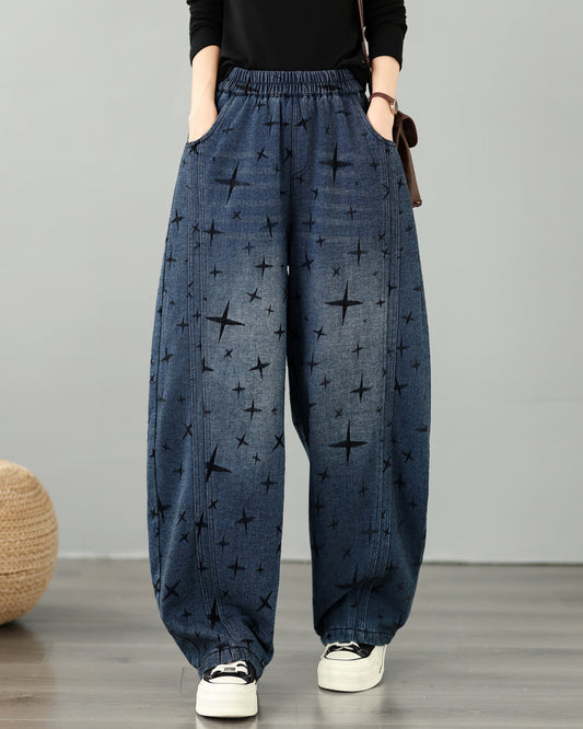28676-Vintage Star Print Denim Wide Leg Pants with Drawstring Waist