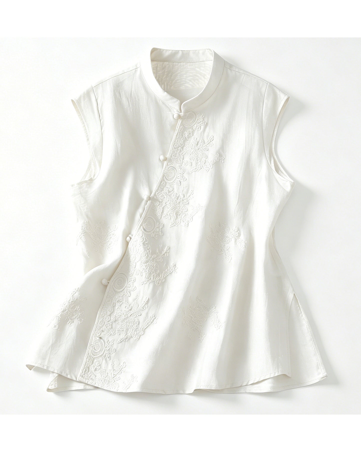 Embroidered Asymmetrical Cotton-Linen Blouse | Lightweight Summer Mandarin Collar Top