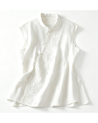 Embroidered Asymmetrical Cotton-Linen Blouse | Lightweight Summer Mandarin Collar Top