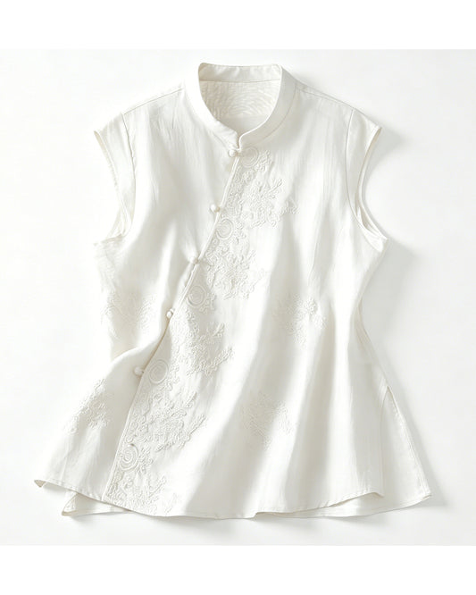 Embroidered Asymmetrical Cotton-Linen Blouse | Lightweight Summer Mandarin Collar Top