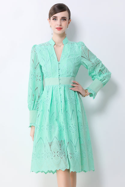 Women's V-Neck Long Sleeve Hollow Out Lace Midi Dress