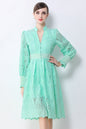 Women's V-Neck Long Sleeve Hollow Out Lace Midi Dress