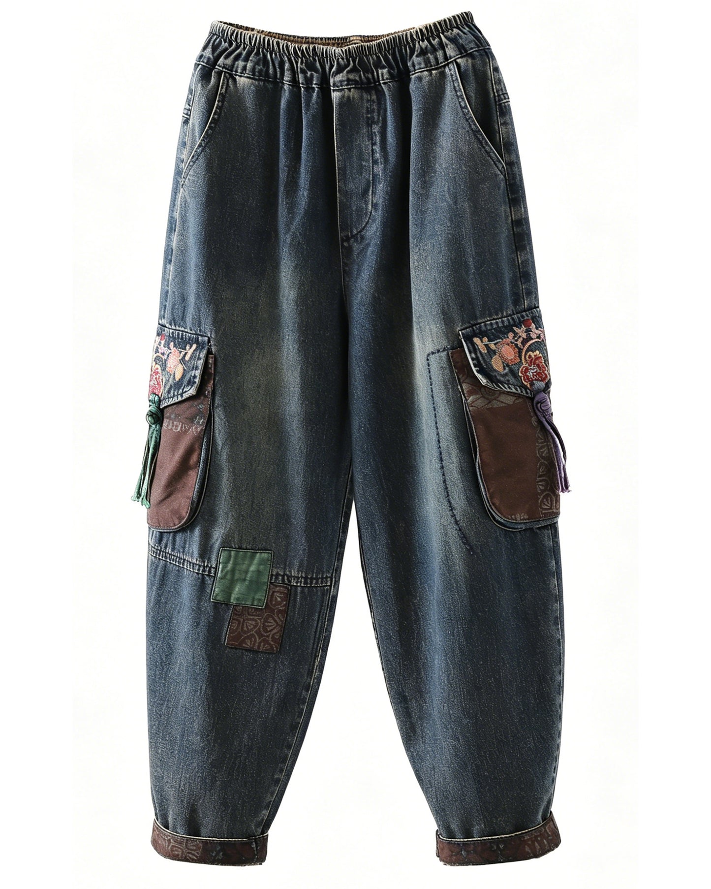 LAI MENG FIVE CATS Embroidered Balloon Denim Pants – Elastic Waist Comfort