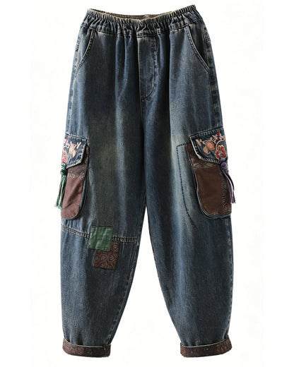 LAI MENG FIVE CATS Embroidered Balloon Denim Pants – Elastic Waist Comfort