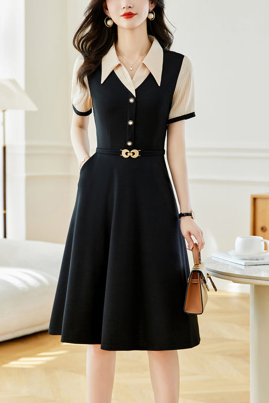 26-Women's Lapel V-Neck  Pockets Midi Dress