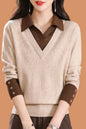 Women's Polo Contrast Collar Sweater Pullover Top