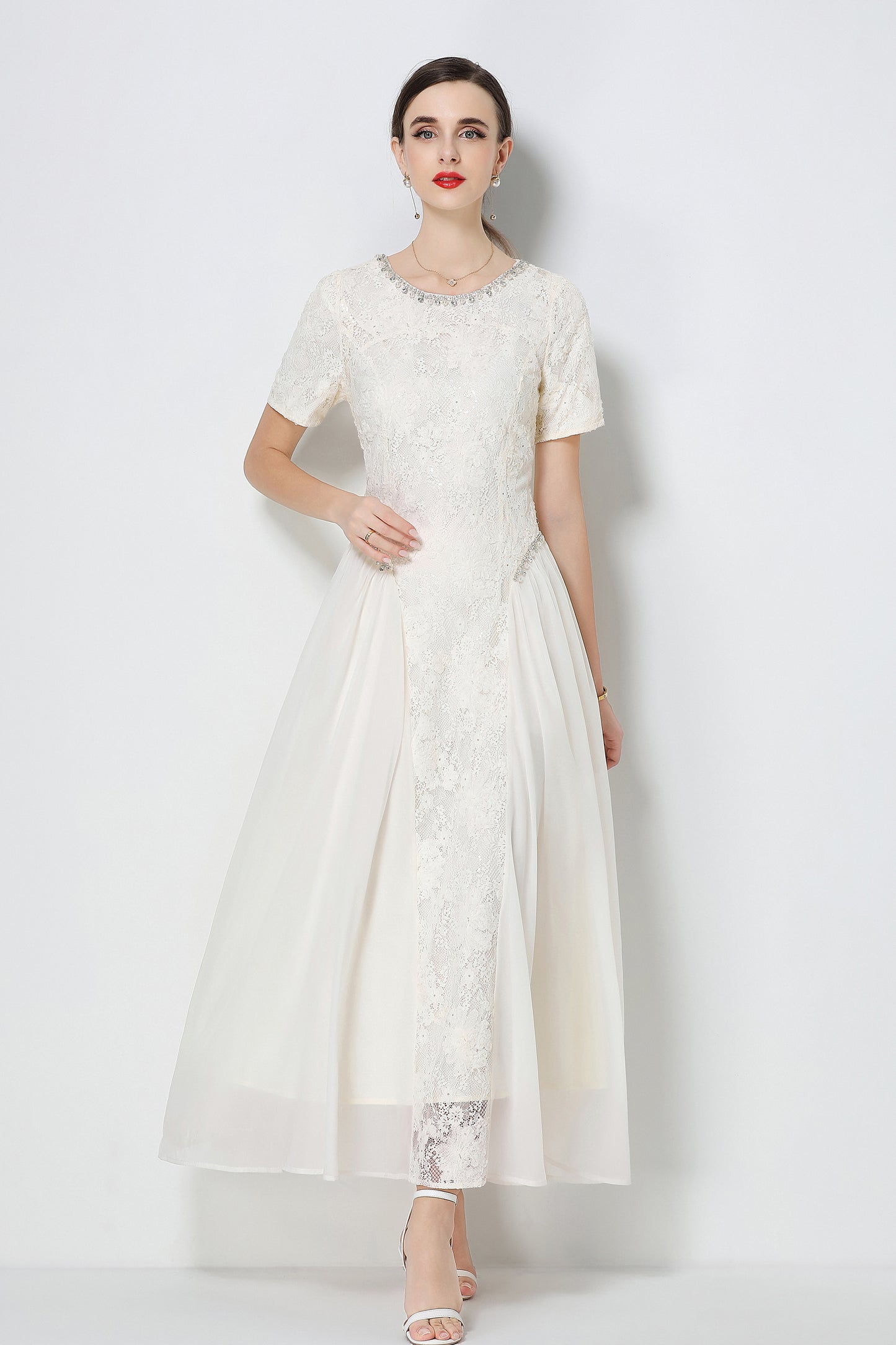 Effortlessly Short Sleeve Beading Lace & Chiffon Maxi Dress