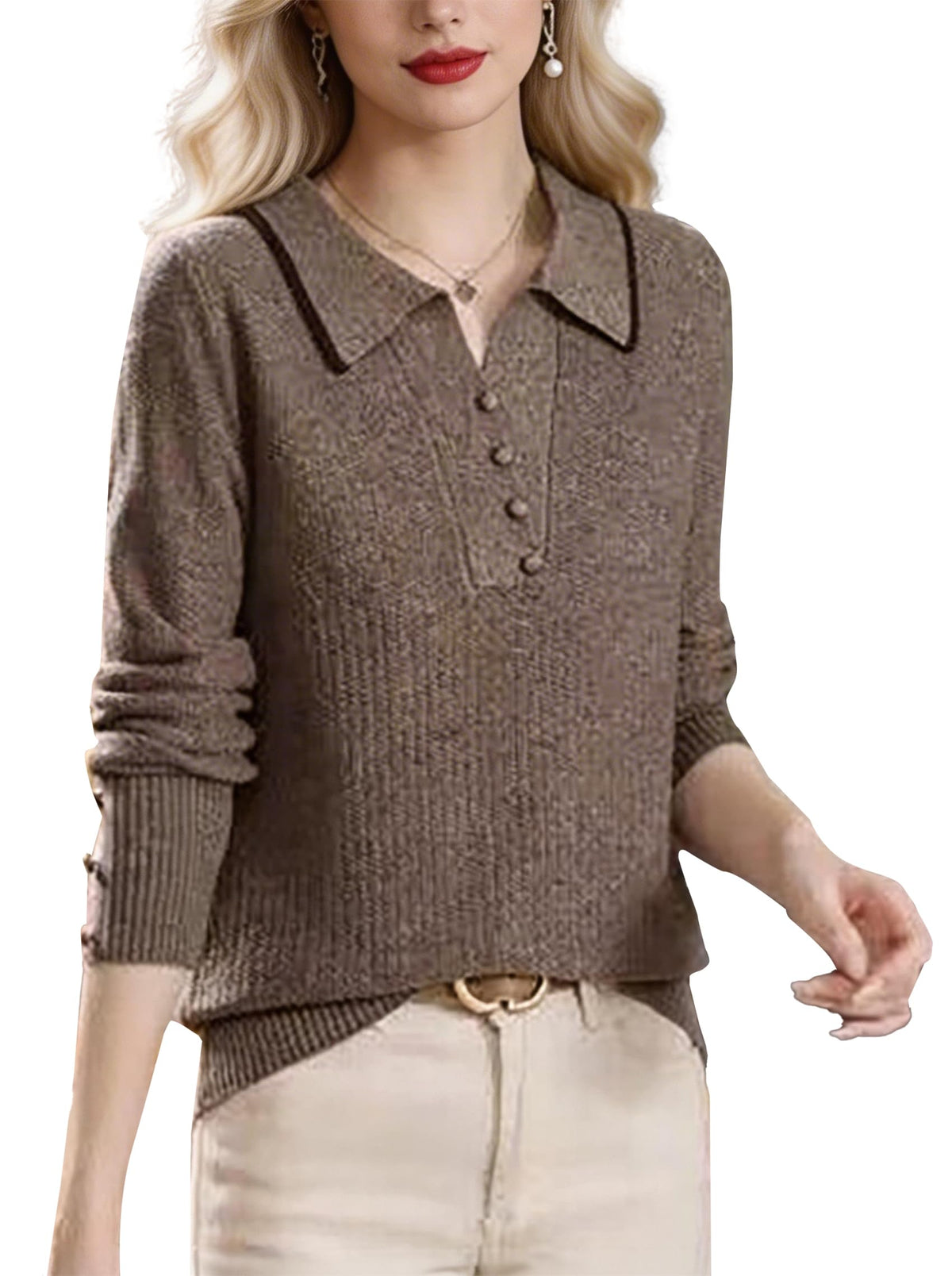 Fine-Knit Polo Top with Contrast Collar & Layered Look Sweater