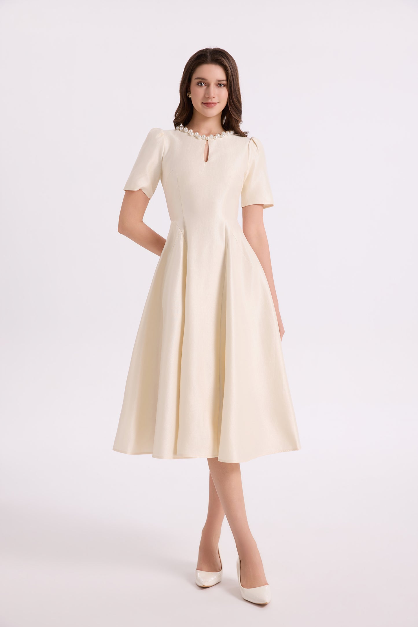 Elegant Pearl-Trim A-Line Midi Dress - LAI MENG FIVE CATS