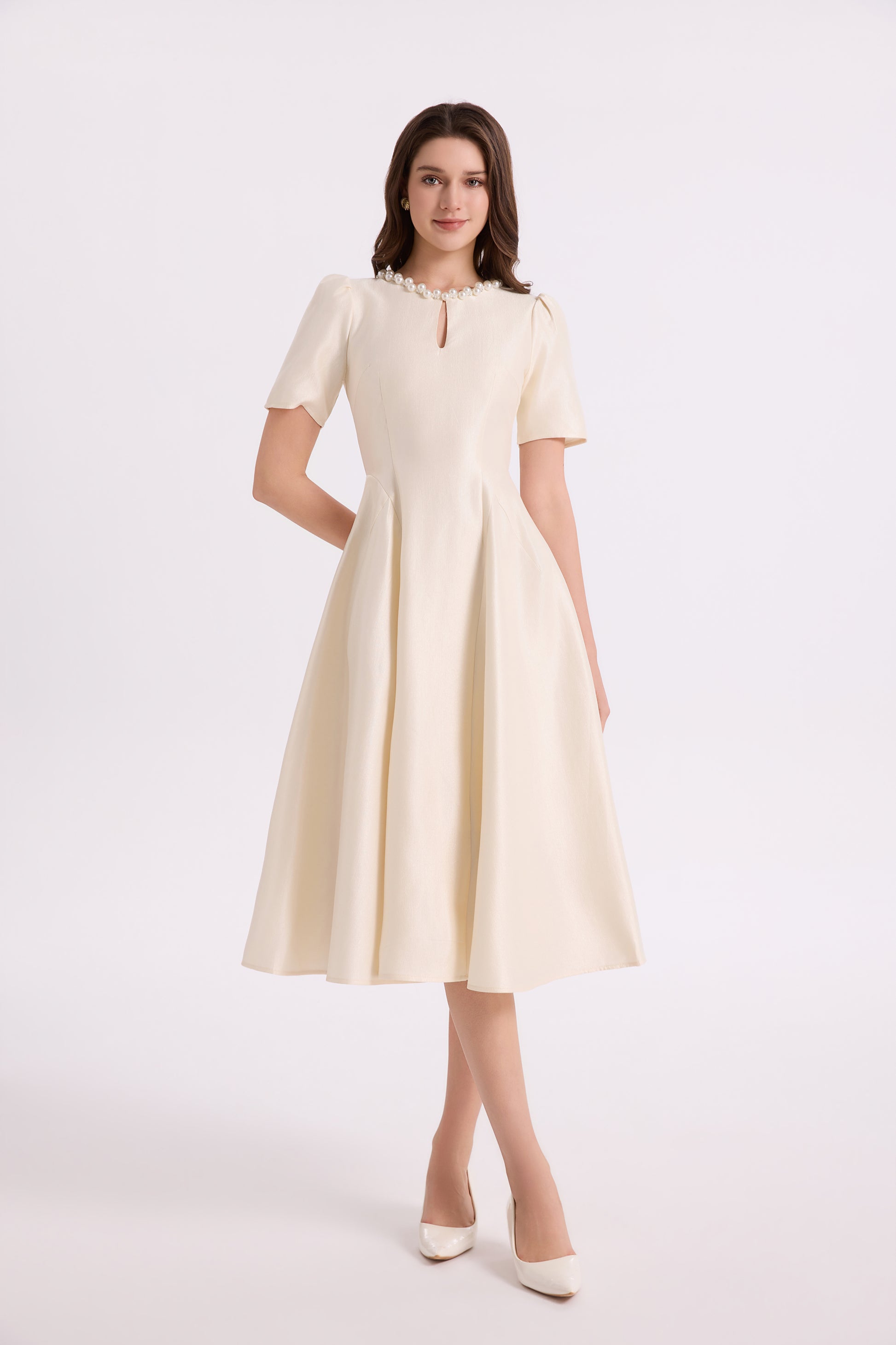 Elegant Pearl-Trim A-Line Midi Dress - LAI MENG FIVE CATS