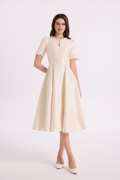 Elegant Pearl-Trim A-Line Midi Dress - LAI MENG FIVE CATS