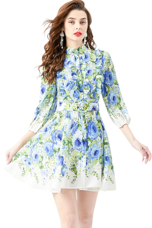 Women's Button up Floral Print Long Sleeve Casual  A-line Mini Dress