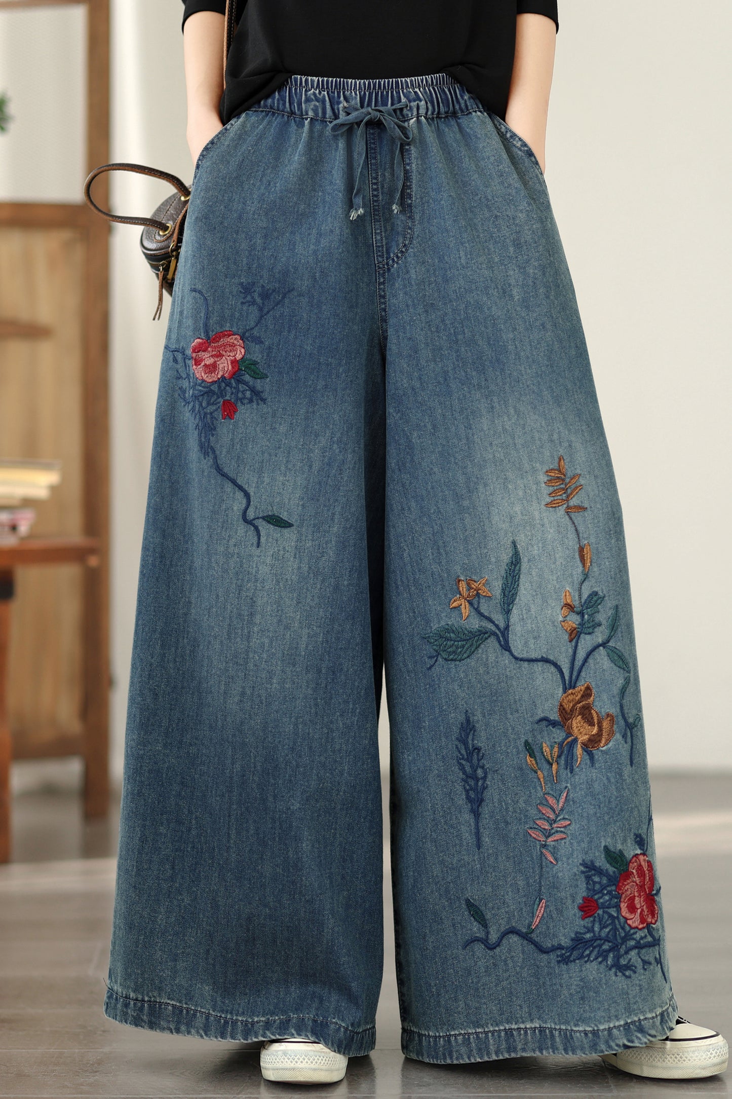 Women's Baggy Jeans Embroidery Elastic Waist Denim Pants
