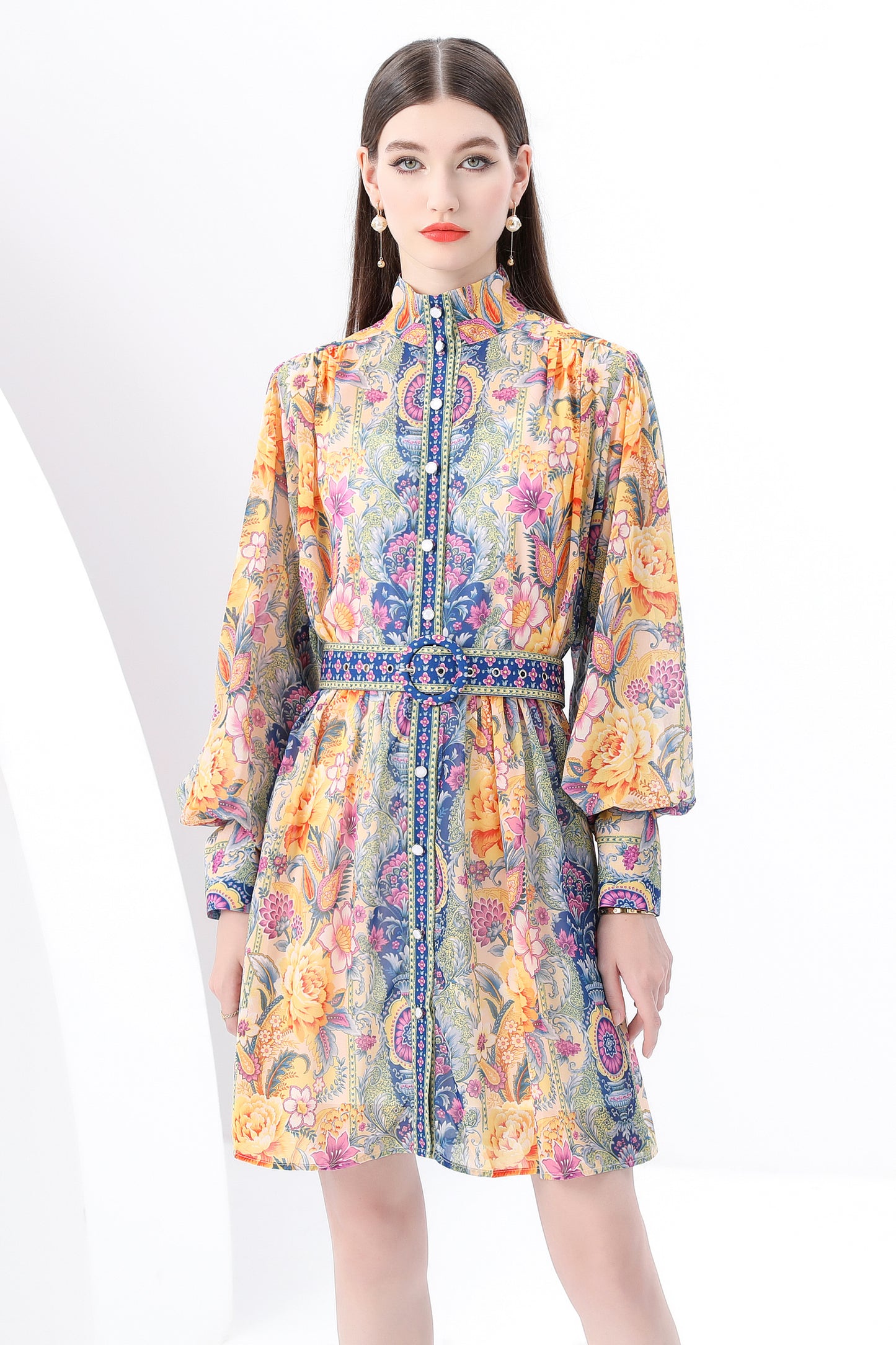 Women's Floral Print Lantern Sleeve Mini Dress