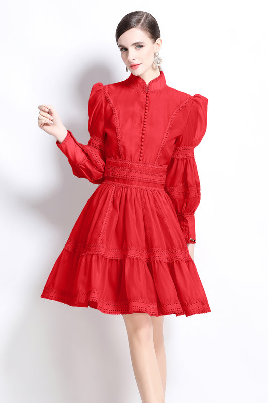 Women's Puff Sleeves Hollow Mesh Pleat Mini Dress