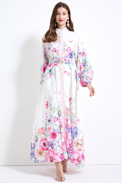 Women's Floral Print Puff Sleeve Split Maxi Dress