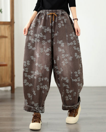 Vintage Floral Denim Harem Pants - Women's Loose Fit Boho Lantern Trousers