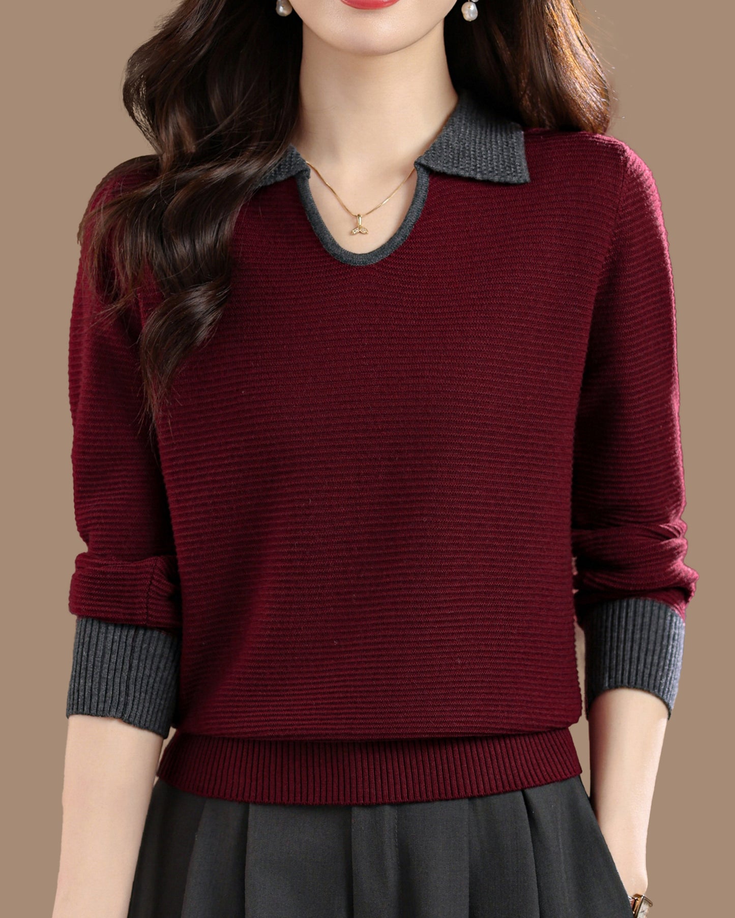 Chic Contrast Collar Ribbed Knit Top – Women's Polo V-Neck Sweater - LAI MENG FIVE CATS