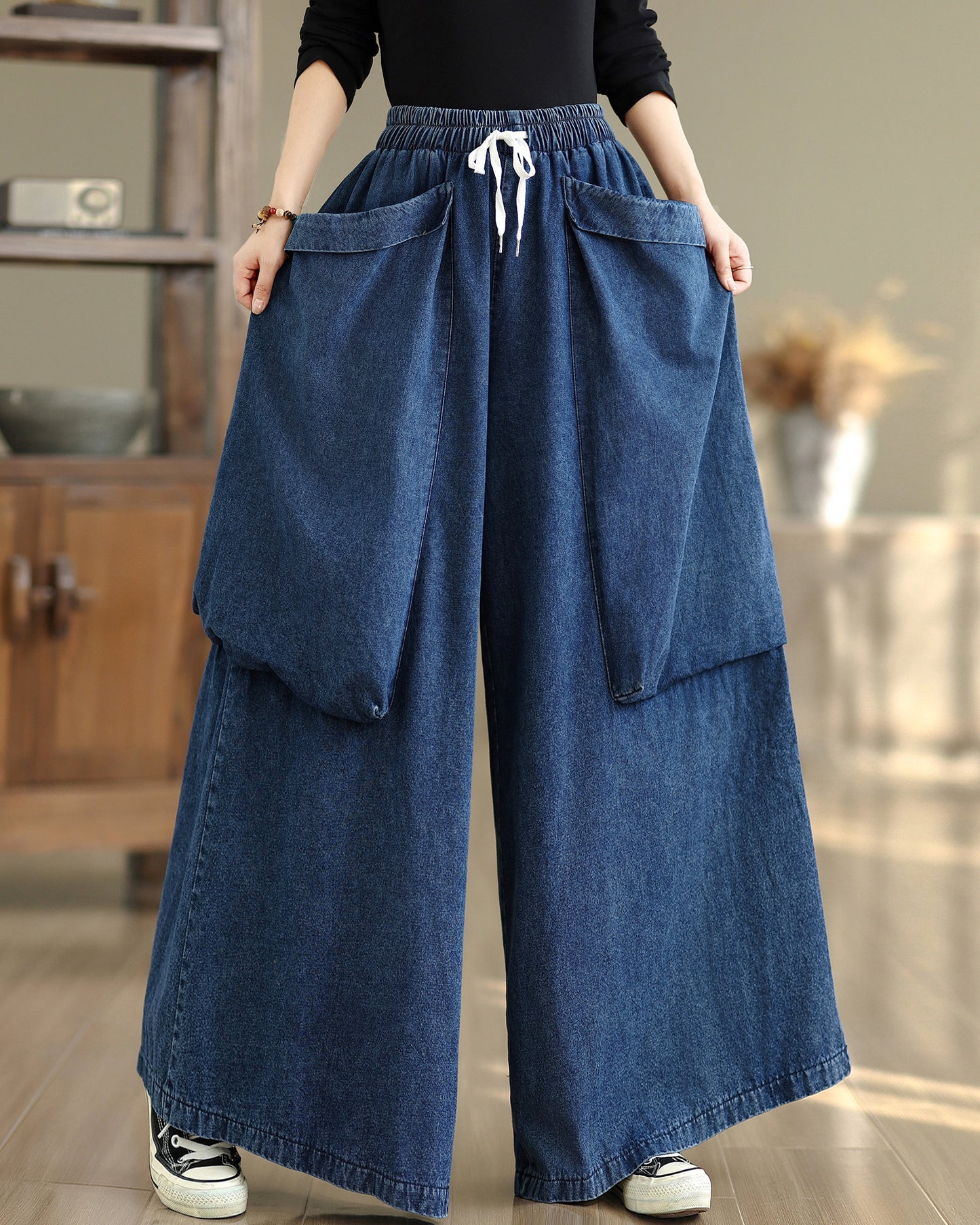 Women's Oversized Denim Wide Leg Pants Drawstring with Large Pockets