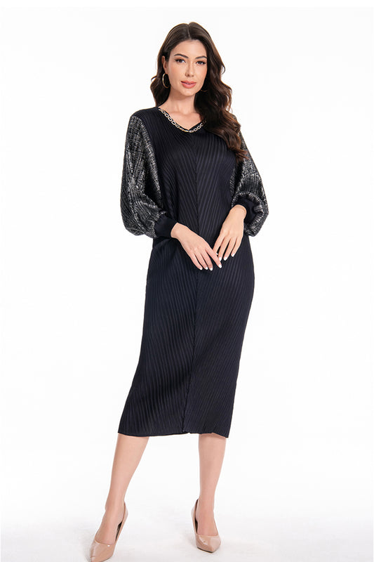 Women's Batwing Sleeves Satin Pleats Elastic Midi Dress